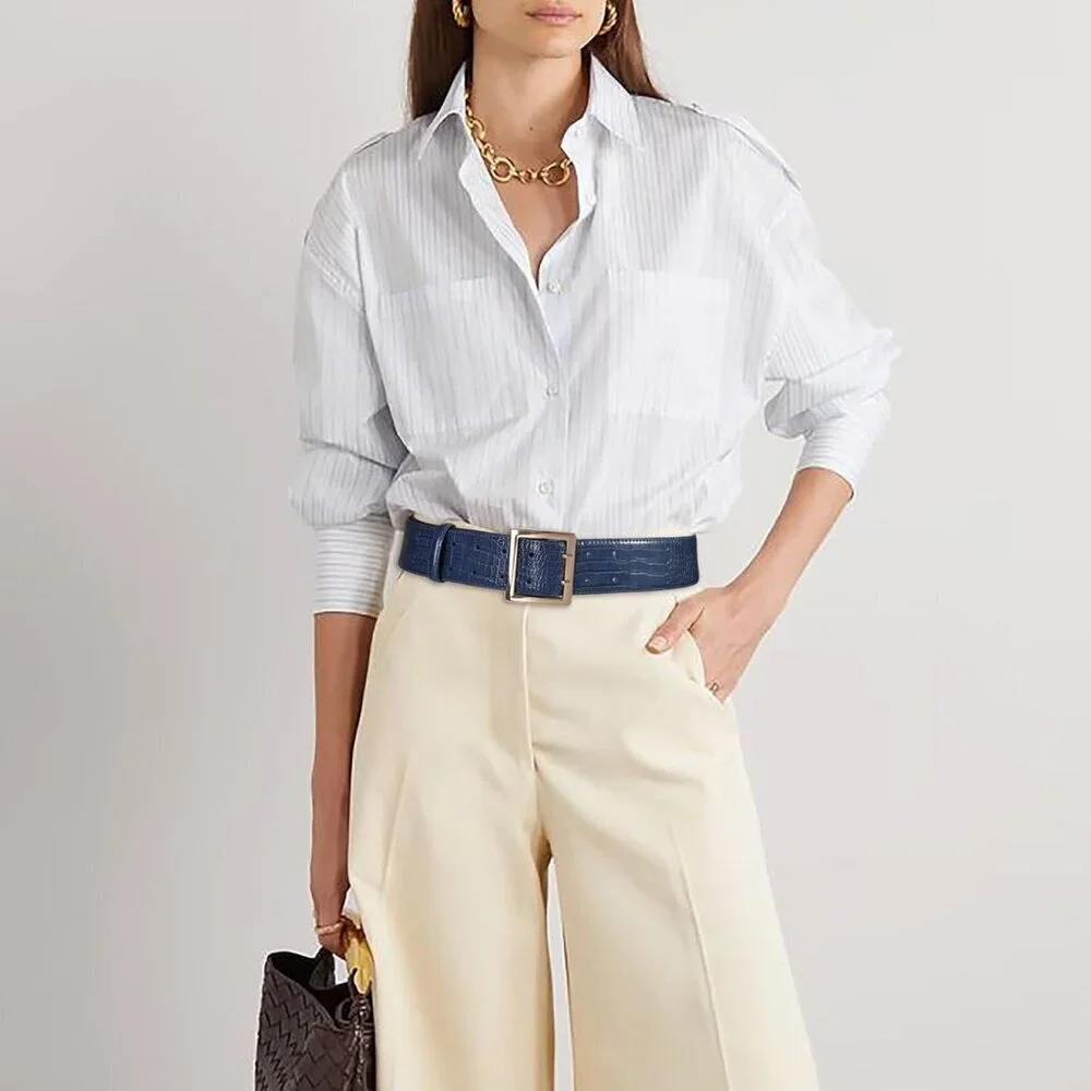 Women Leather Wide Fashion Thick Dress Belt With Gold Buckle Belt Navy Gold